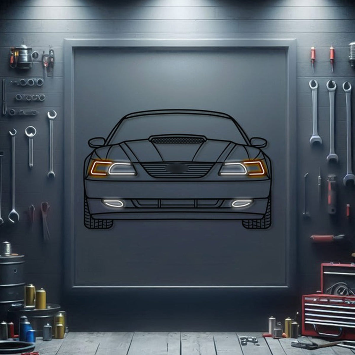 2004 Ford Mustang front view metal neon car wall art – laser-cut 3 mm steel décor for classic Mustang fans