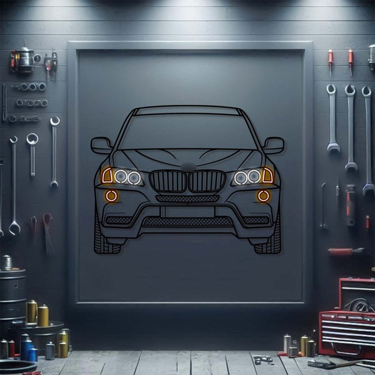 2011 BMW X3 xDrive front view neon‑lit metal wall art – high‑quality design with 3D elevation effect