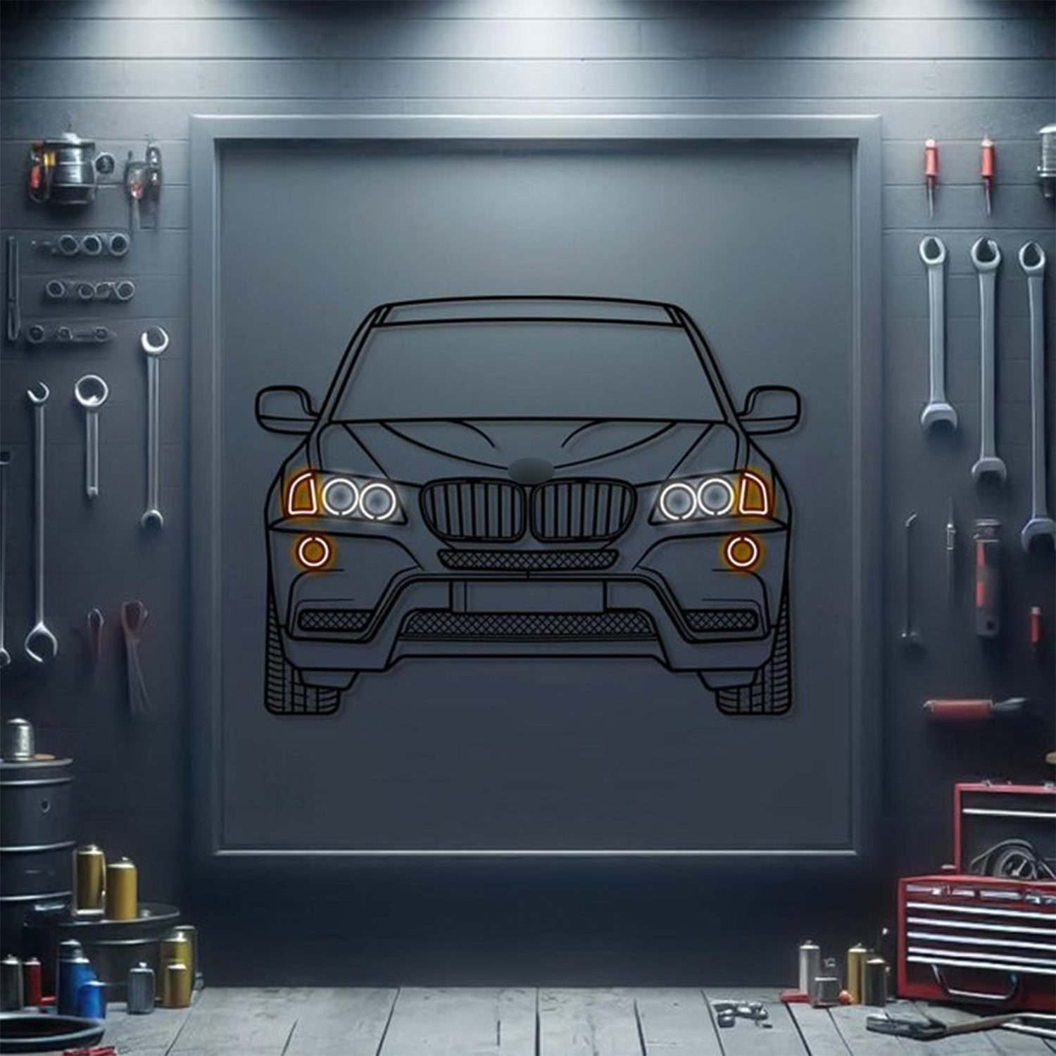 2011 BMW X3 xDrive front view neon‑lit metal wall art – high‑quality design with 3D elevation effect
