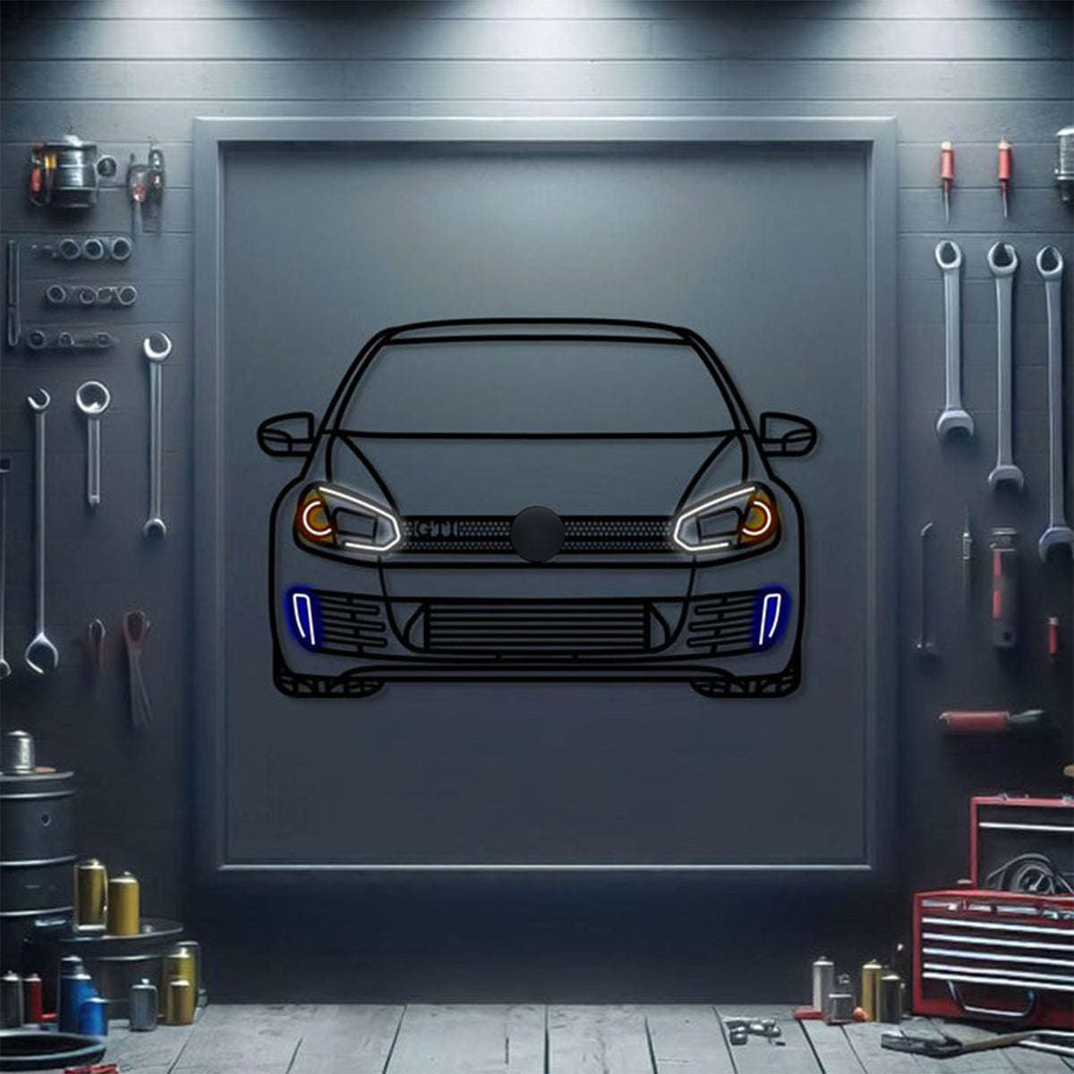 2012 Volkswagen Golf MKVI GTI front view metal neon car wall art – laser‑cut 3 mm steel décor for compact performance car enthusiasts