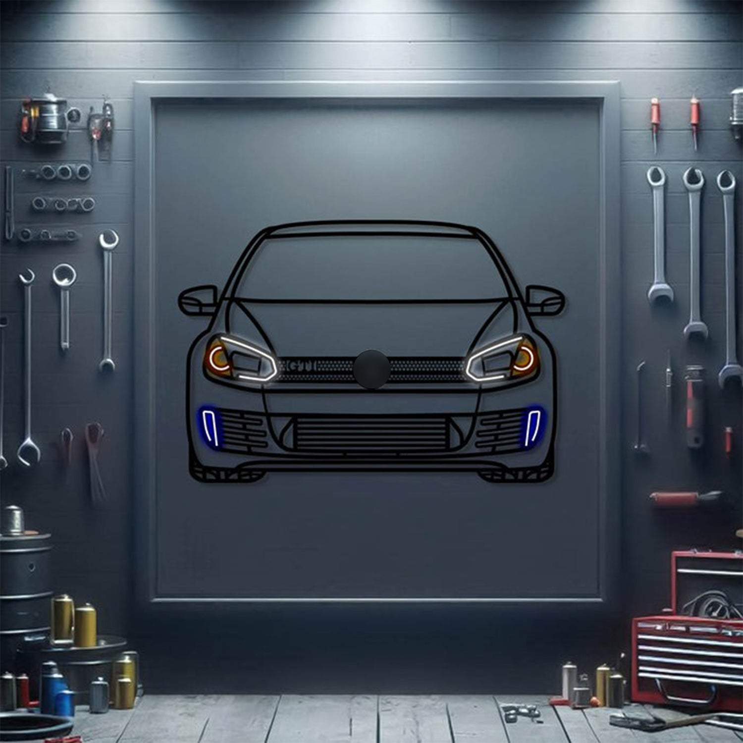 2012 Volkswagen Golf MKVI GTI front view metal neon car wall art – laser‑cut 3 mm steel décor for compact performance car enthusiasts