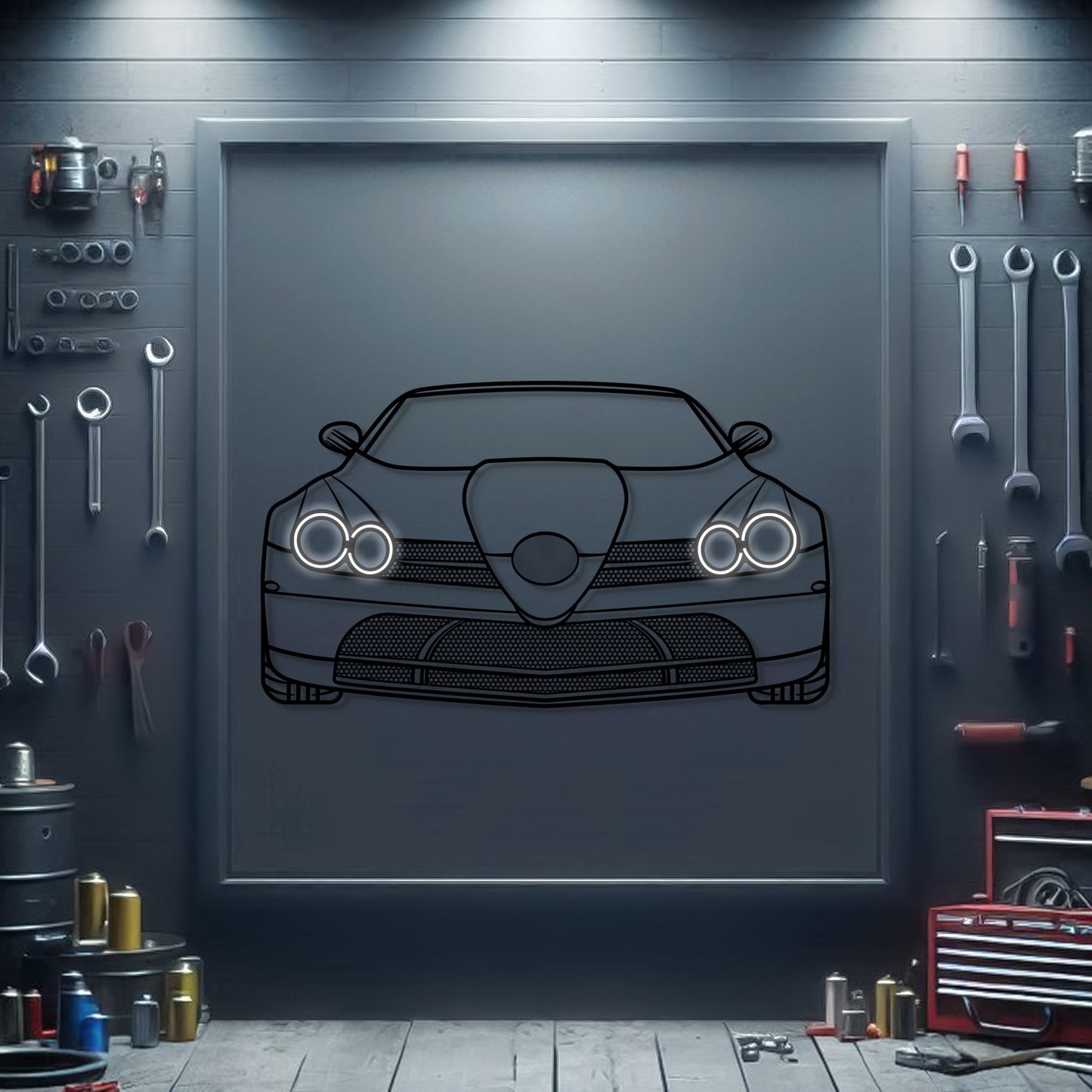 SLR McLaren front view metal neon wall art – laser‑cut steel silhouette with neon-lit headlights and matte powder‑coat finish