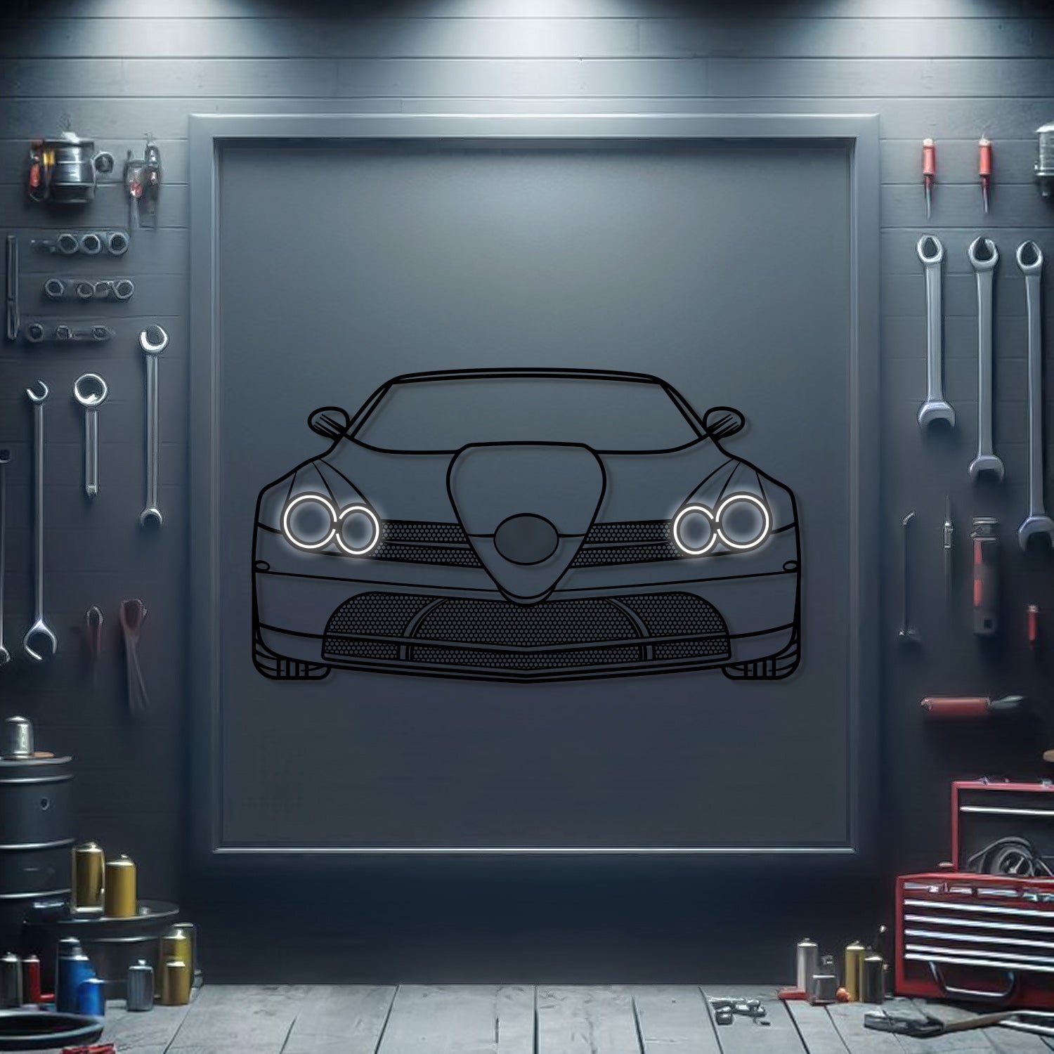 SLR McLaren front view metal neon wall art – laser‑cut steel silhouette with neon-lit headlights and matte powder‑coat finish