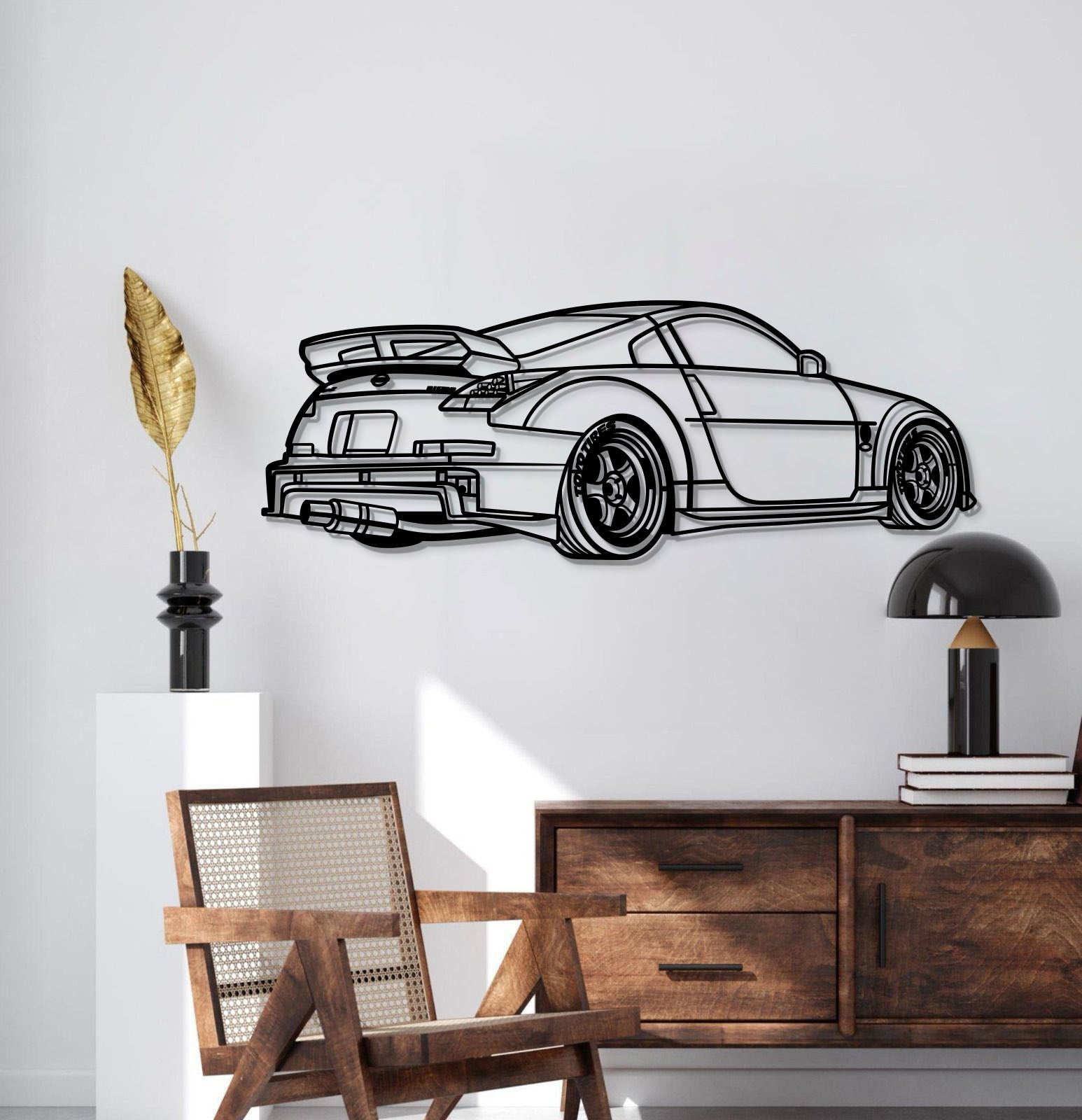 Nissan 350Z (2002–2008) silhouette wall art – elevation screws lift piece 1 cm from wall for dramatic floating 3D effect 