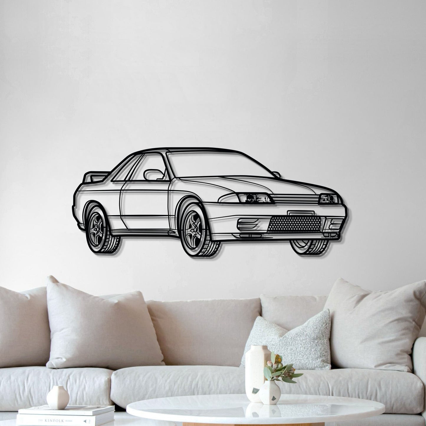 Perspective view of GT‑R R32 metal wall art lifted 1 cm from wall for 3D effect 