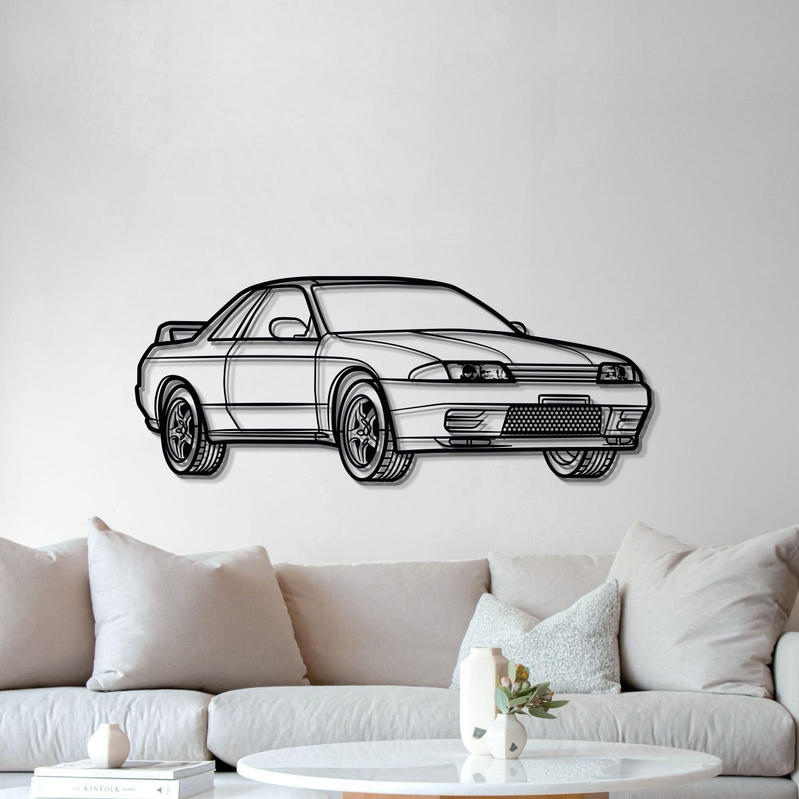 Perspective view of GT‑R R32 metal wall art lifted 1 cm from wall for 3D effect 