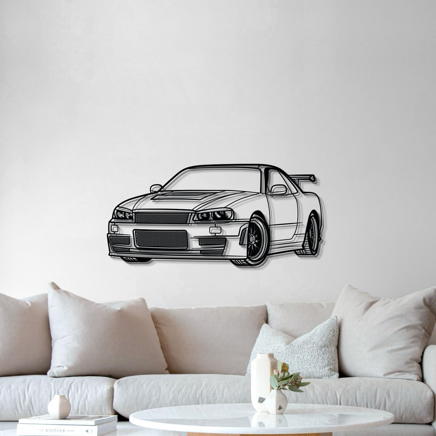 Perspective view of GT-R R34 metal wall art lifted 1 cm for 3D effect 