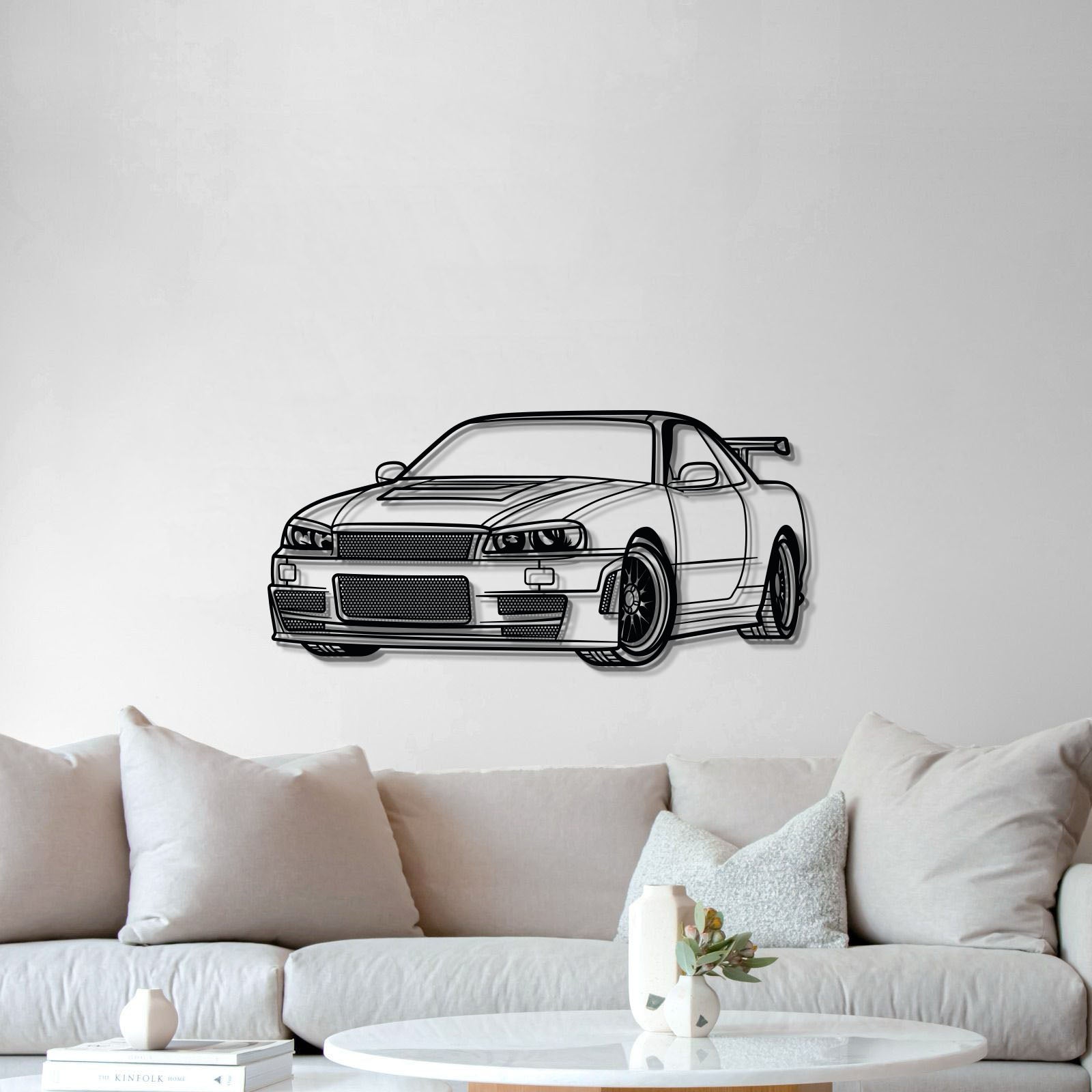 Perspective view of GT-R R34 metal wall art lifted 1 cm for 3D effect 