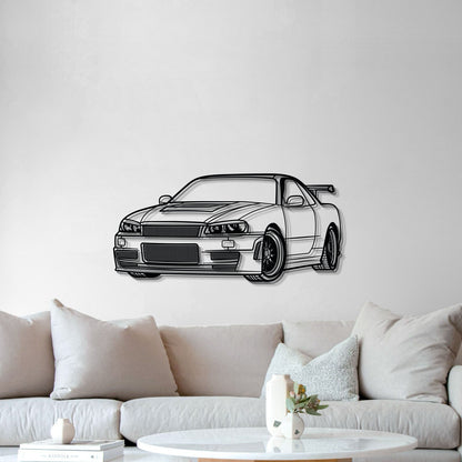 Perspective view of GT-R R34 metal wall art lifted 1 cm for 3D effect 