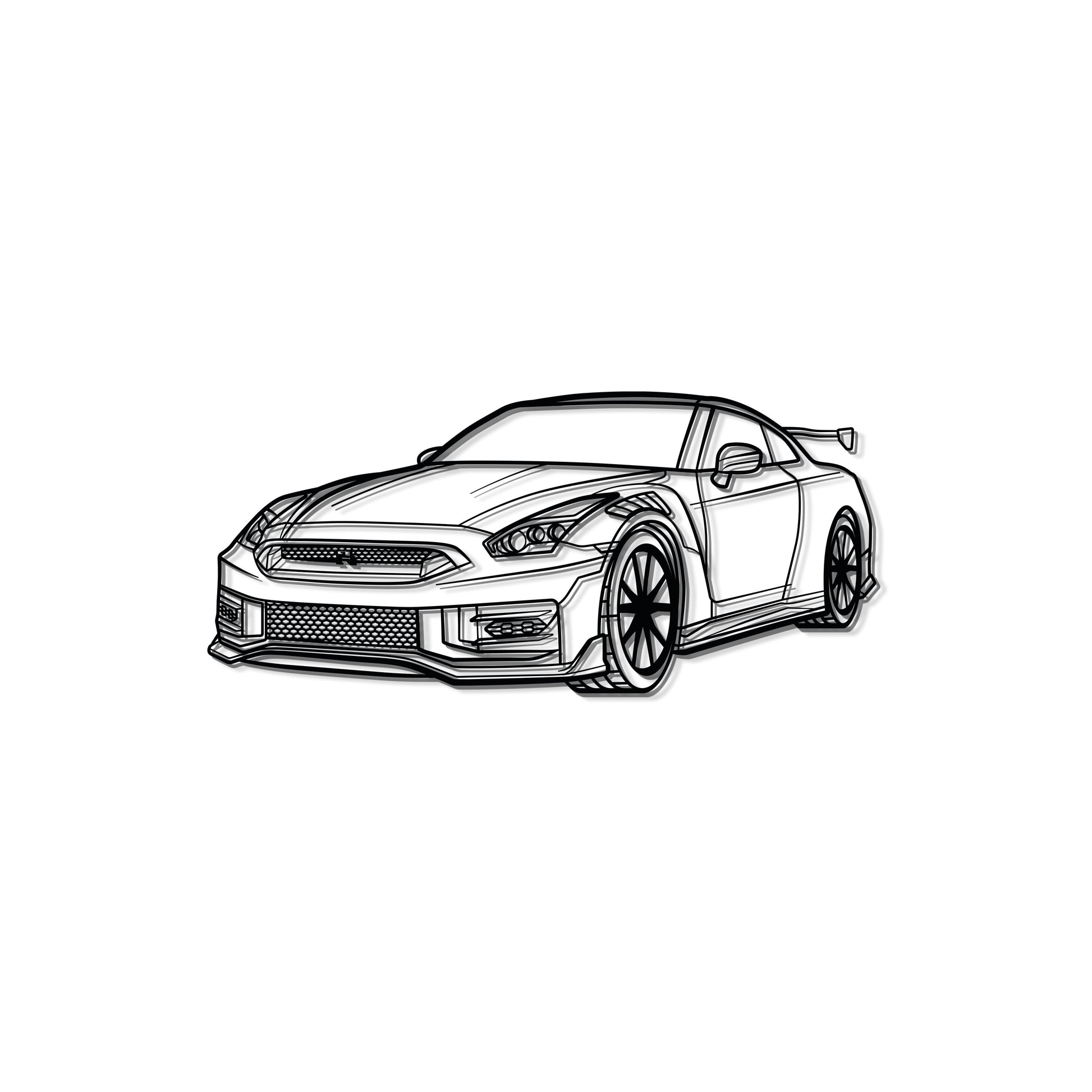 Retro-modern 2010 GT-R R35 perspective metal art for office or showroom