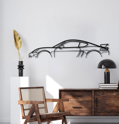 Sophisticated home décor piece showcasing Porsche 718 Cayman GT4 metal wall art