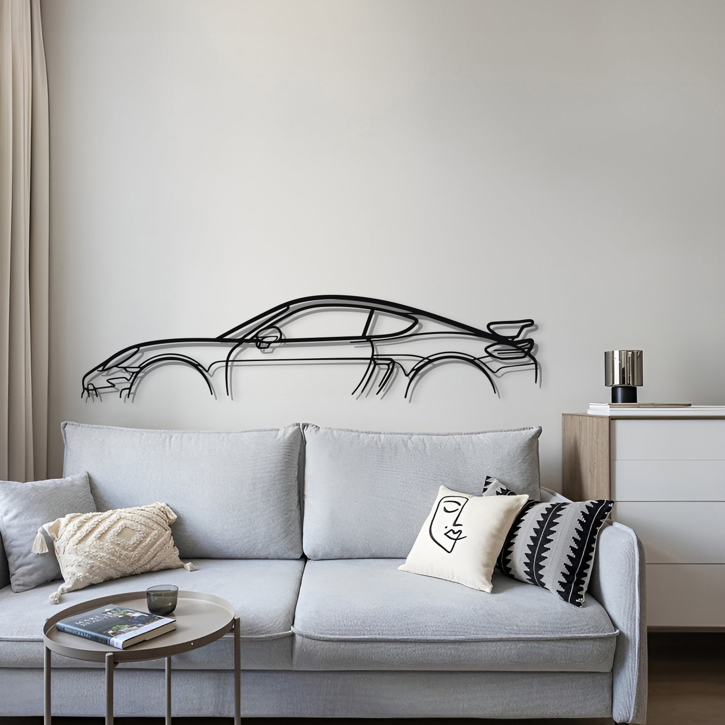 Laser cut metal wall art with Porsche 718 Cayman GT4 for modern living room décor