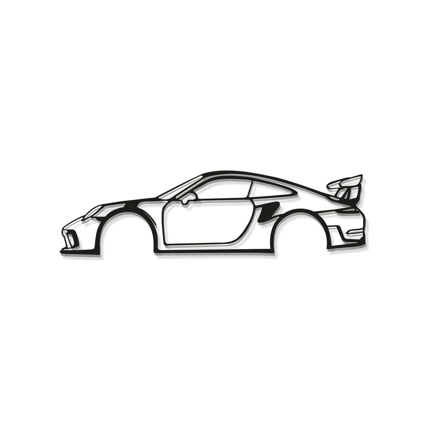 Detailed metal wall silhouette of 911 GT3 RS iconic high performance car