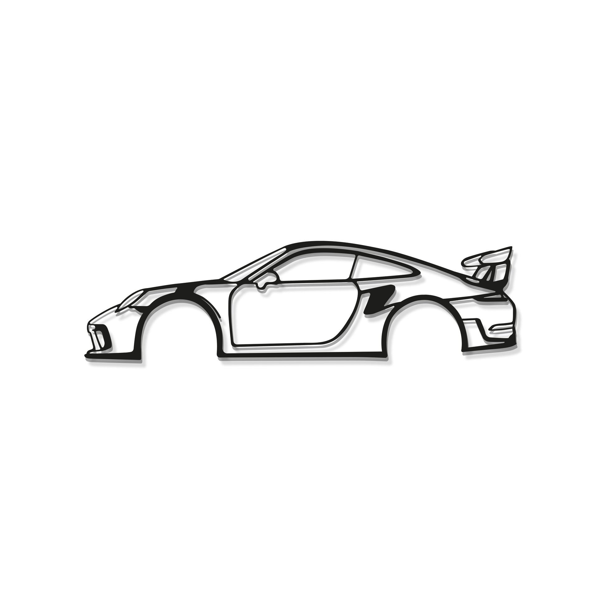 Detailed metal wall silhouette of 911 GT3 RS iconic high performance car