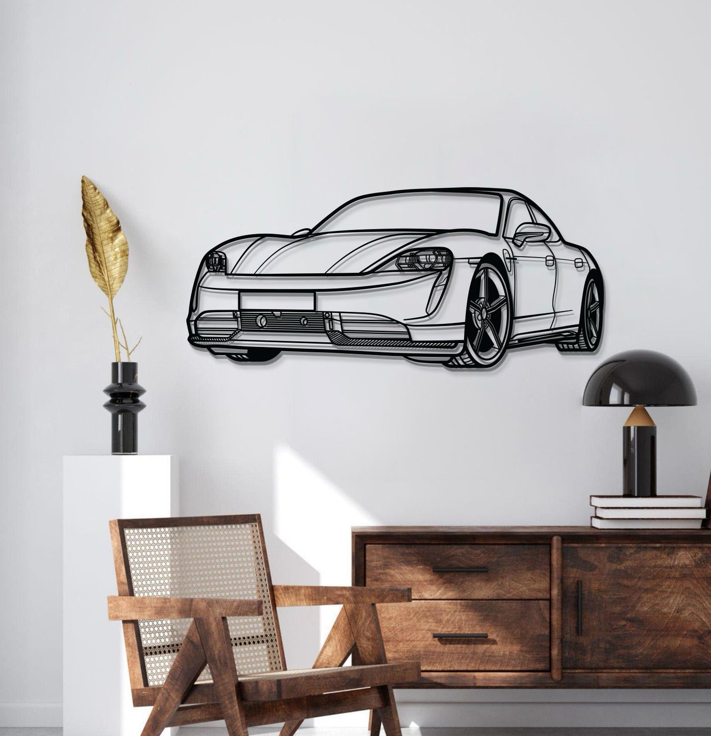 Laser‑cut Porsche Taycan metal wall art crafted from 2 mm steel with matte finish