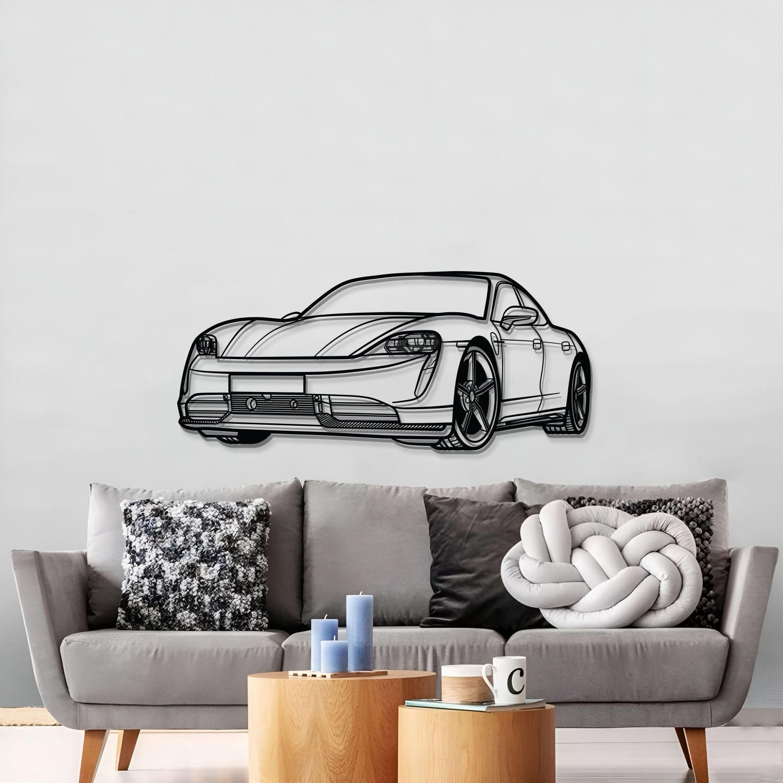 Textured, powder‑coated Porsche Taycan perspective wall art elevated 1 cm off the wall
