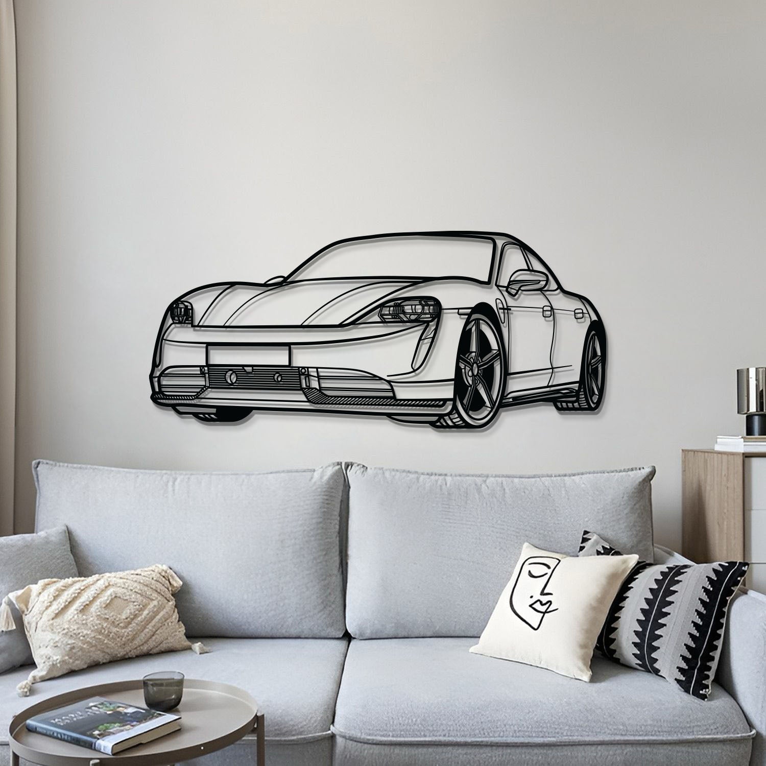 Custom Porsche Taycan perspective silhouette in steel – perfect gift for EV enthusiasts