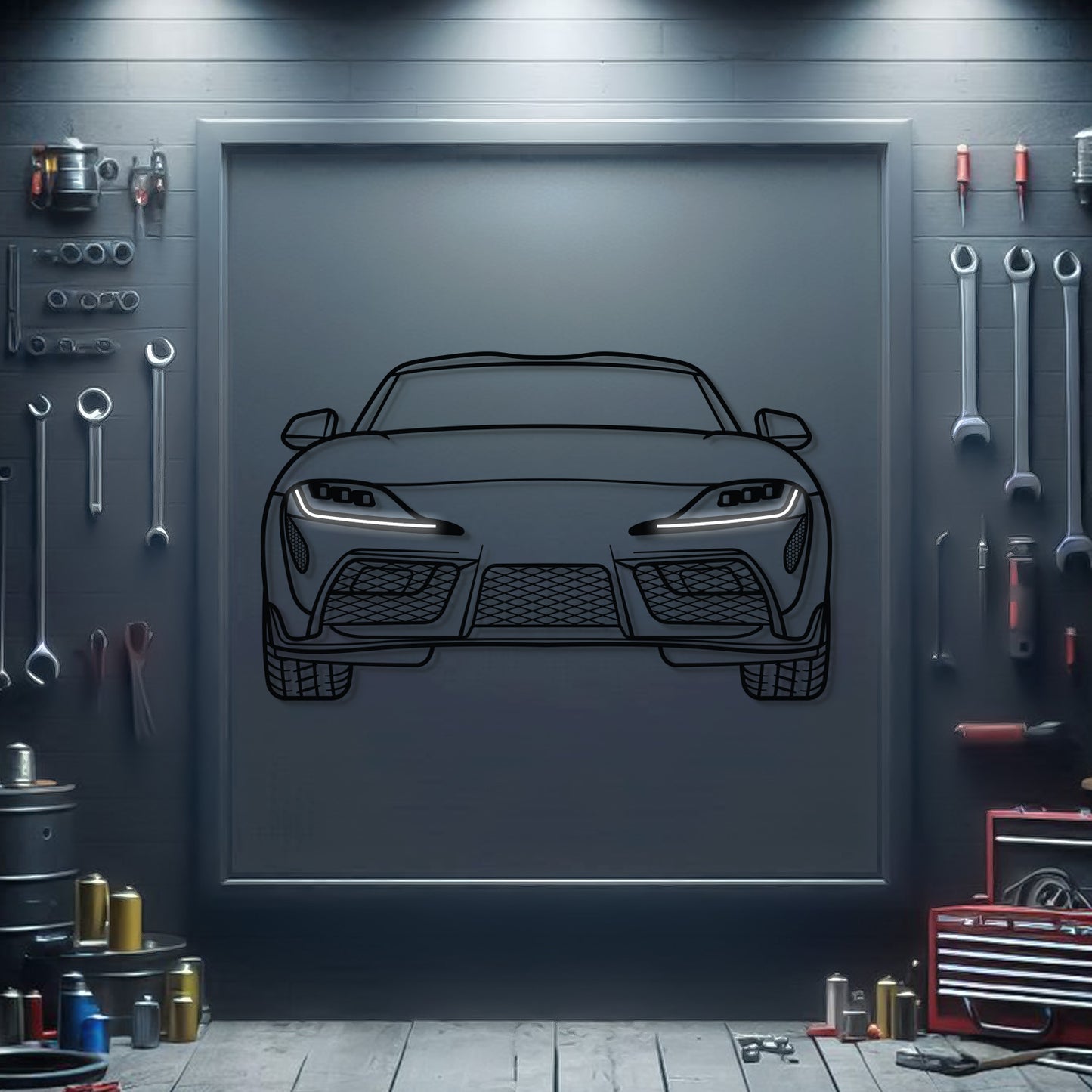 Toyota Supra MK5 front view neon car wall sculpture – sleek industrial sports car décor