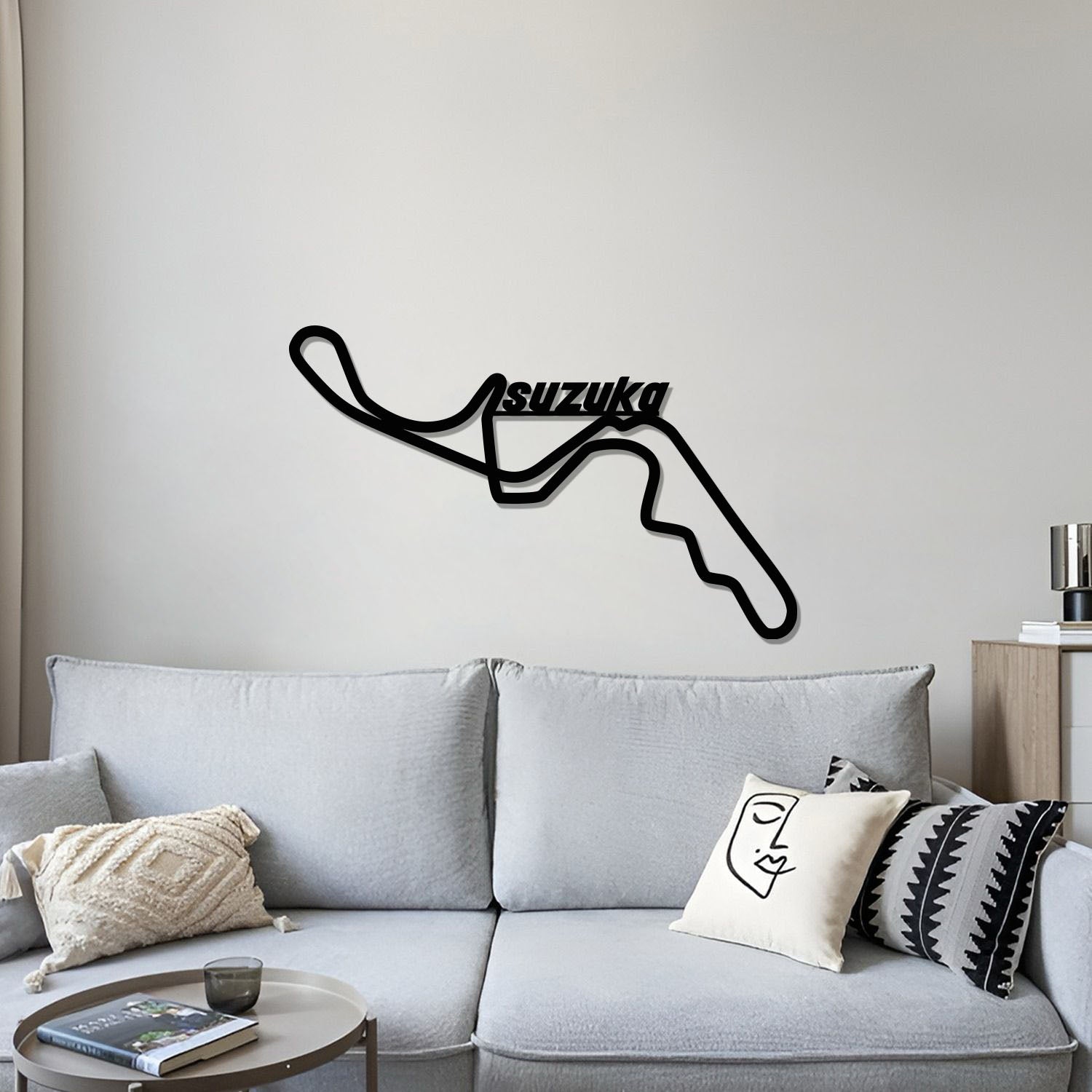 Laser cut metal track art with Suzuka Formula 1 circuit for modern living room décor