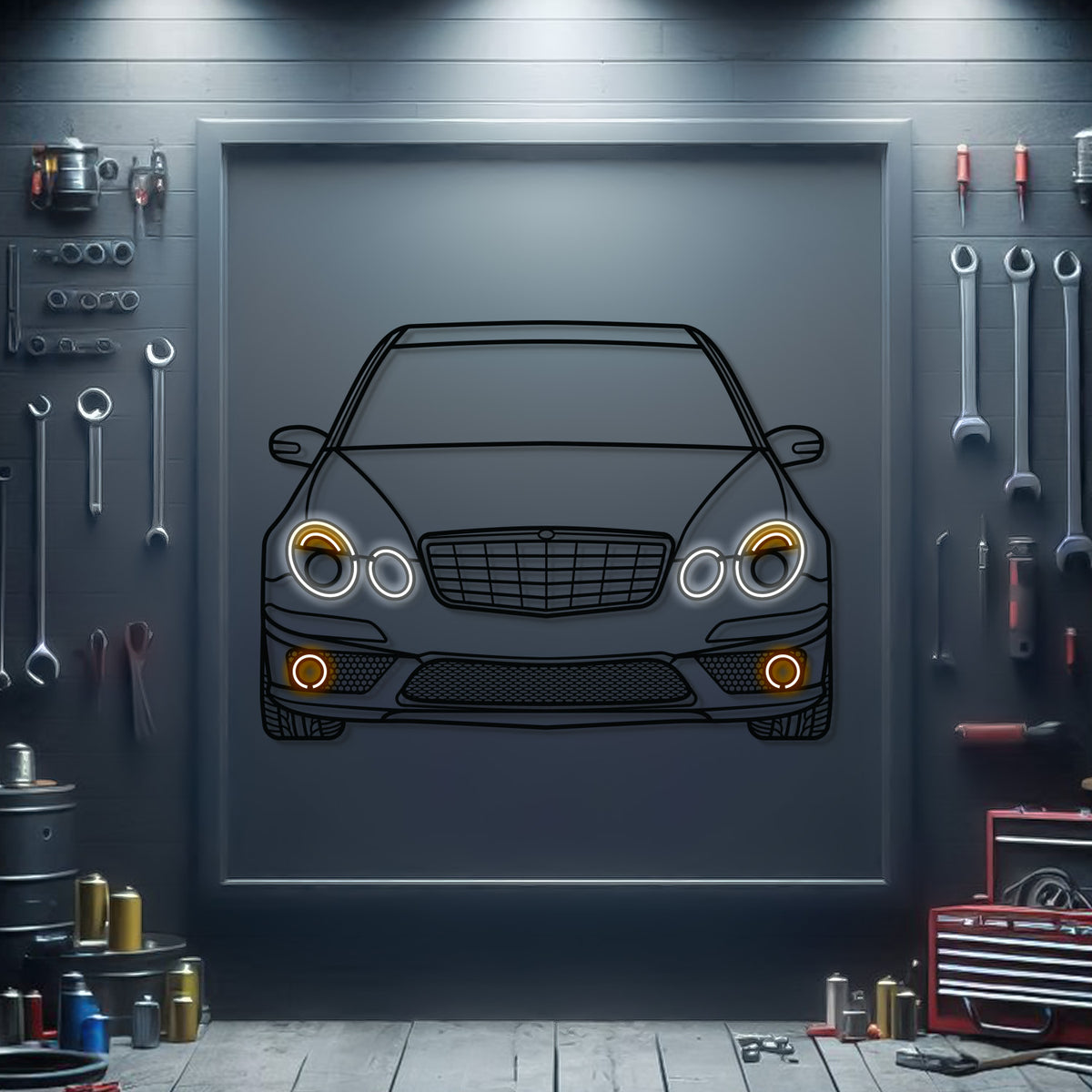 Mercedes-Benz W211 AMG front view metal neon car wall art – laser-cut steel décor for E-Class AMG aficionados