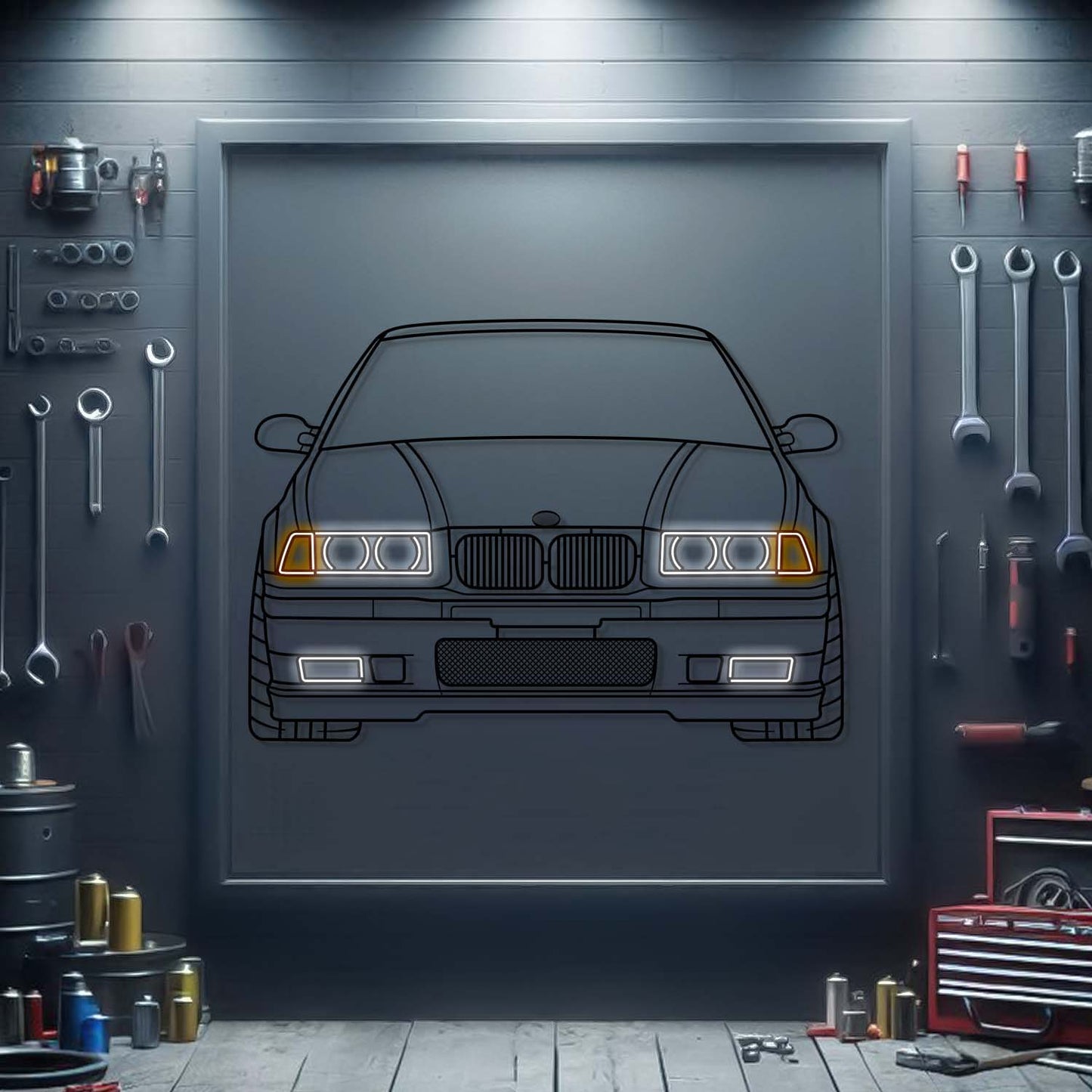 BMW E36 M3 front view metal neon car wall art – laser‑cut steel décor for performance car enthusiasts