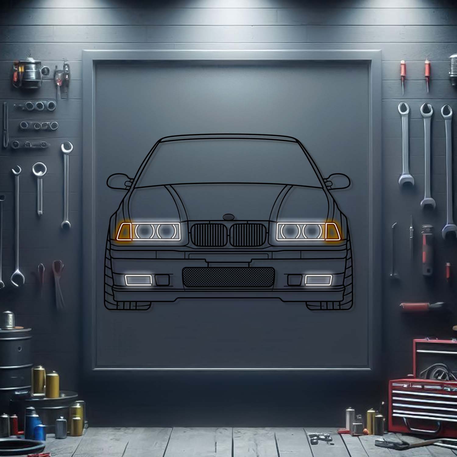BMW E36 M3 front view metal neon car wall art – laser‑cut steel décor for performance car enthusiasts