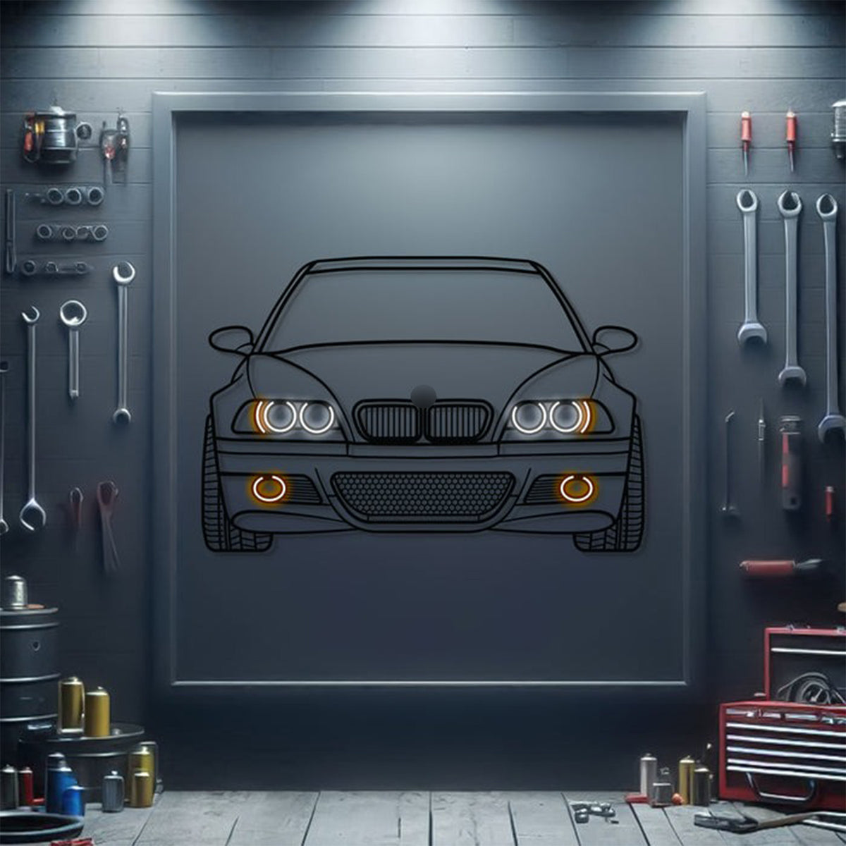 BMW E46 front view metal neon wall art – CNC laser-cut steel silhouette for home decor
