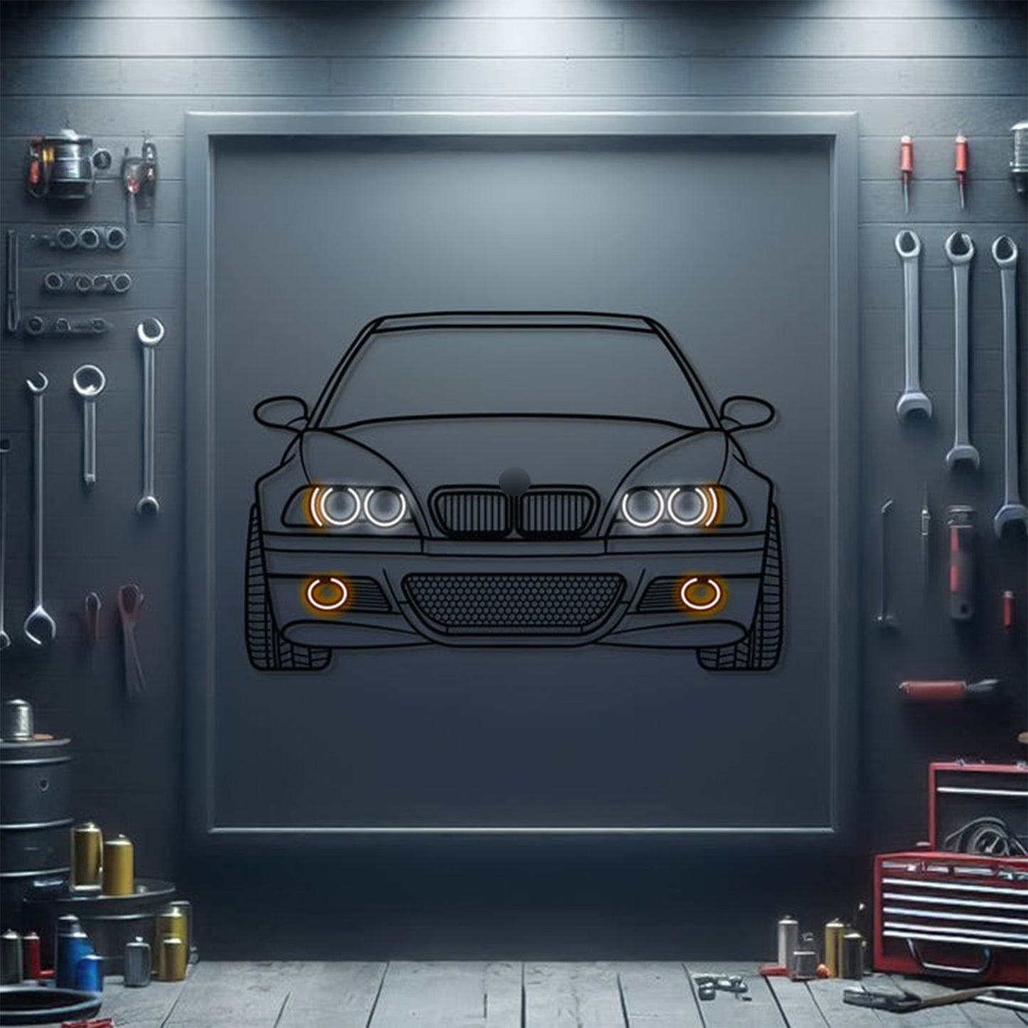 BMW E46 front view metal neon wall art – CNC laser-cut steel silhouette for home decor
