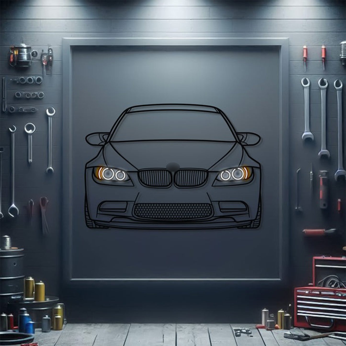 BMW E92 M3 neon wall sculpture – sleek décor highlighting signature kidney grille and aggressive fascia