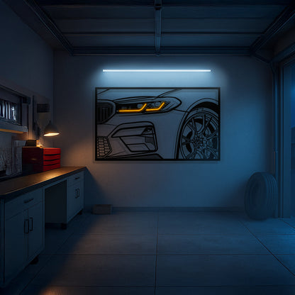 BMW M5 F90 CS car artwork with neon frame, front angle design