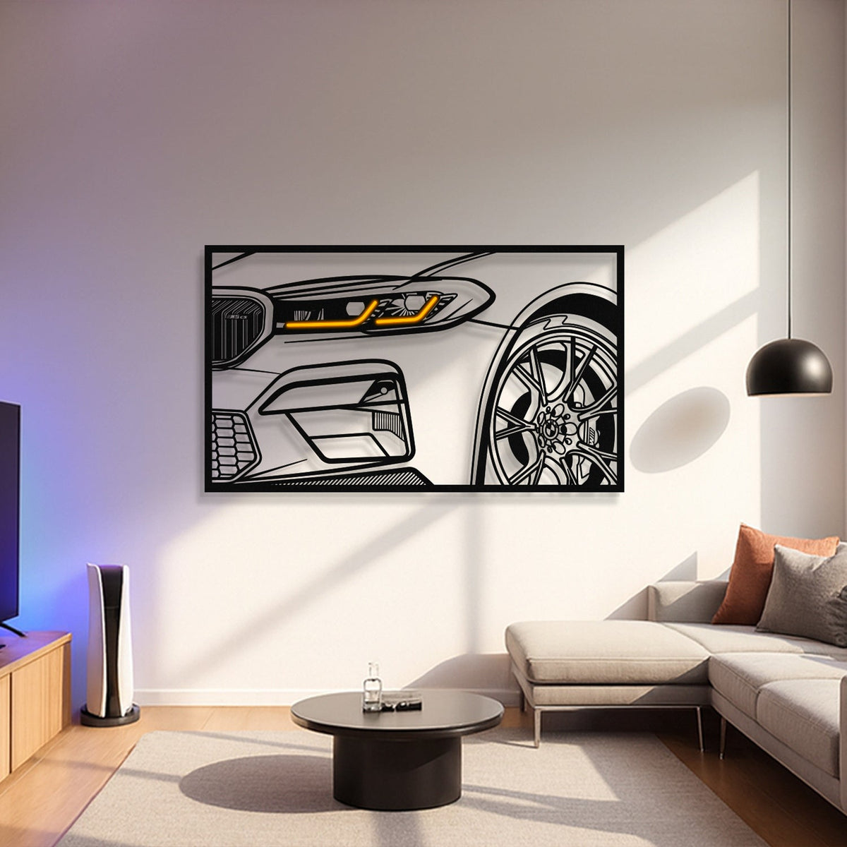 Metal neon frame wall decor of BMW M5 F90 CS front silhouette