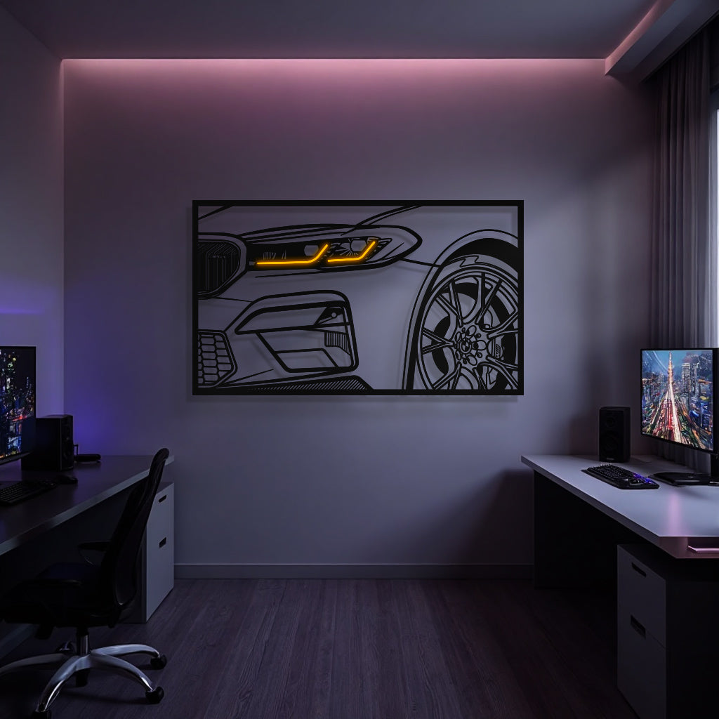 Front view BMW M5 F90 CS metal wall art with neon frame