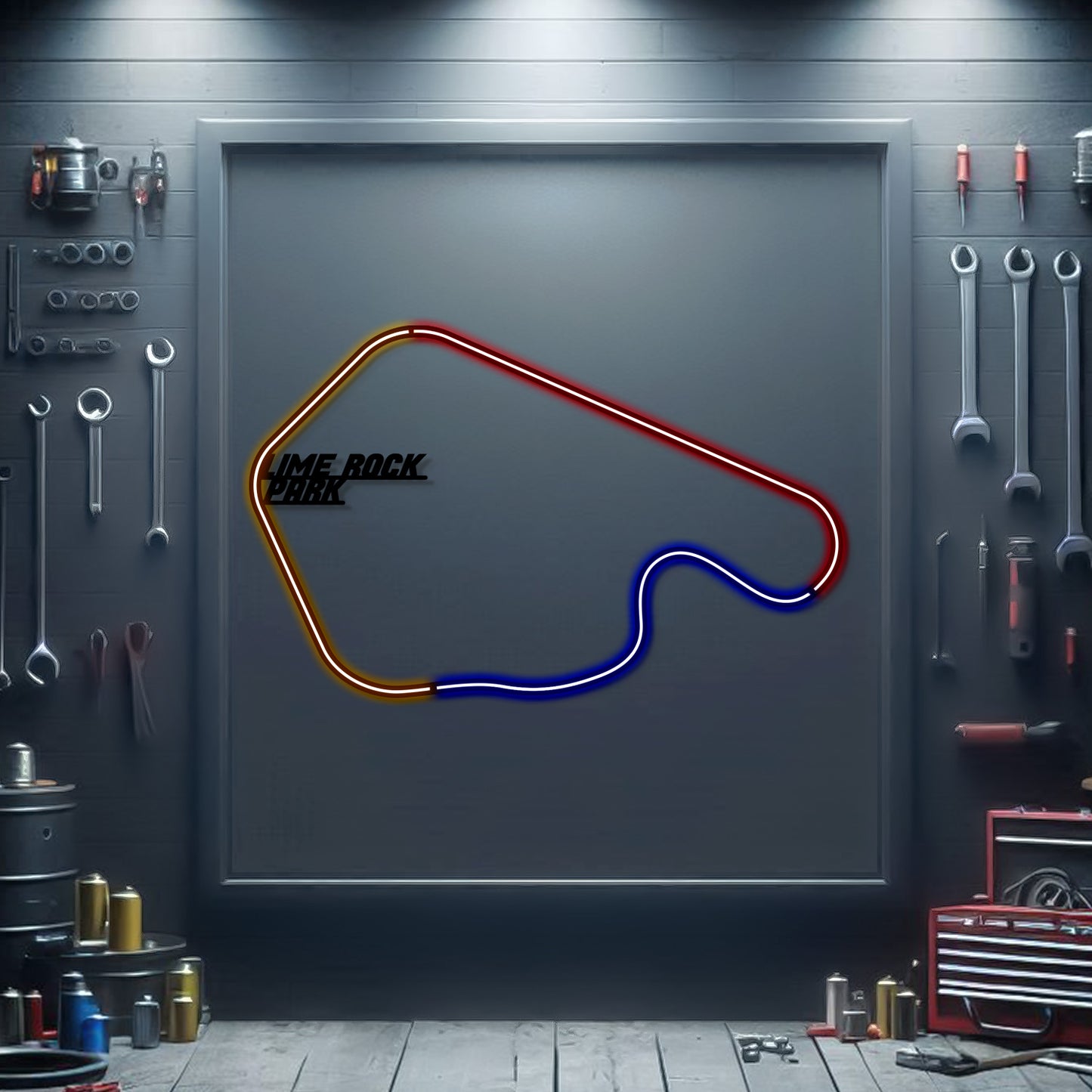 Lime Rock Park neon circuit wall art – laser‑cut steel décor for classic American road racing fans