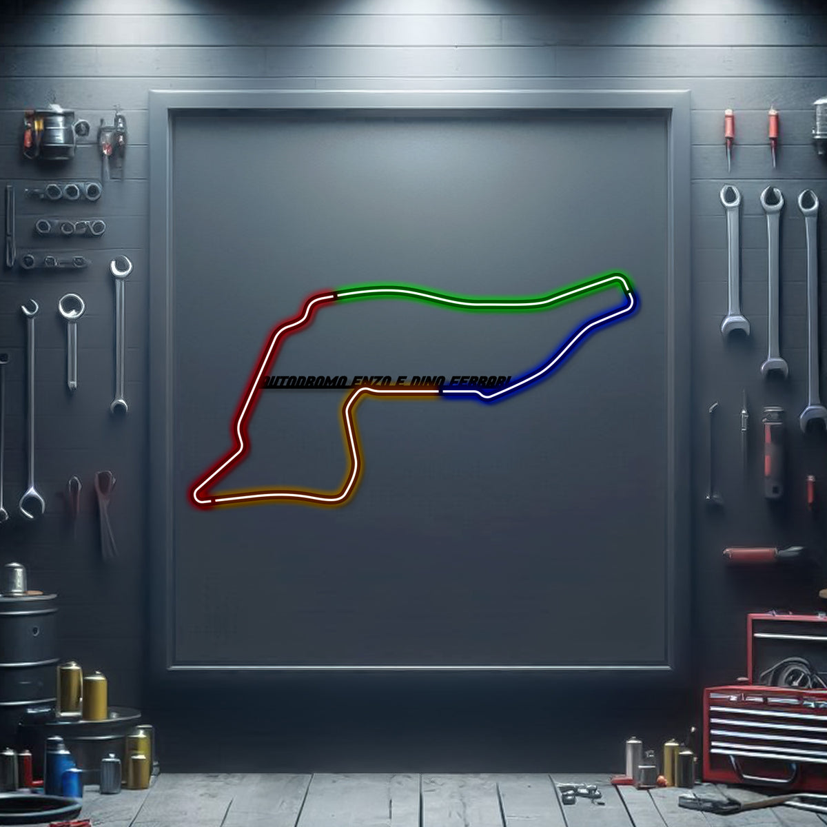 Autodromo Enzo e Dino Ferrari neon track wall art – laser‑cut steel décor for Imola circuit enthusiasts