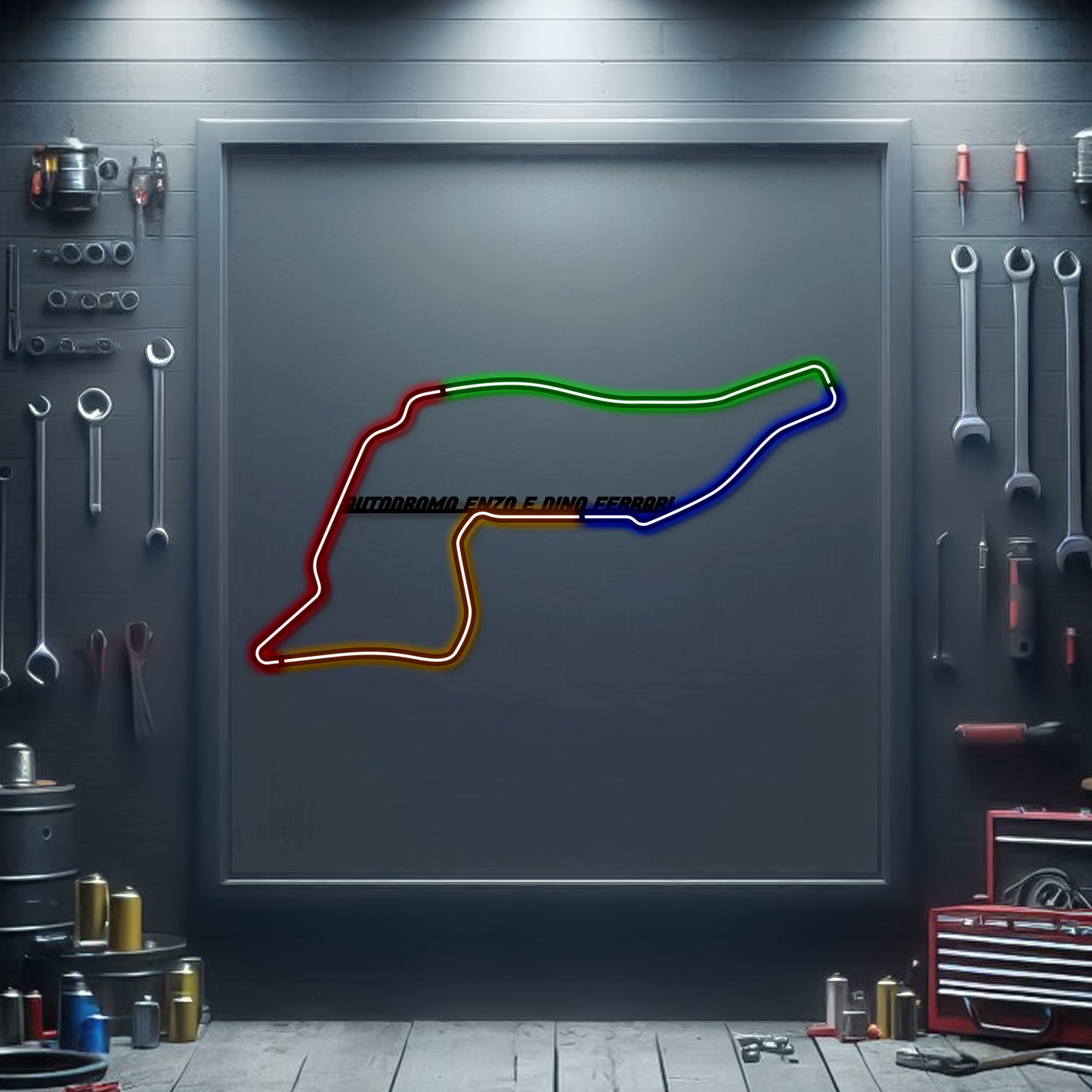 Autodromo Enzo e Dino Ferrari neon track wall art – laser‑cut steel décor for Imola circuit enthusiasts