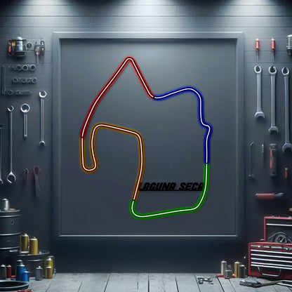 Laguna Seca Raceway neon track wall art – laser‑cut steel décor for fans of the legendary Corkscrew circuit