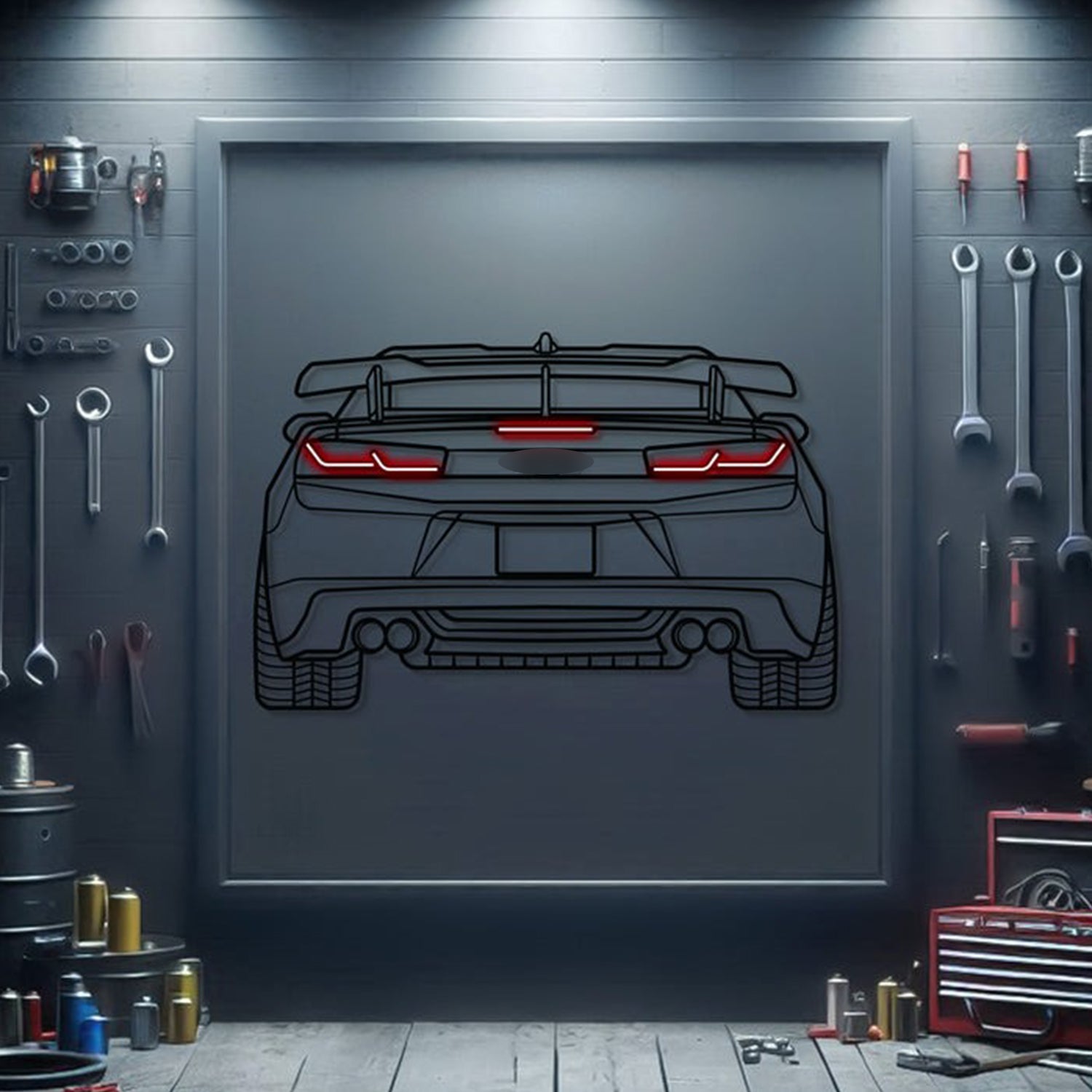 Chevrolet Camaro rear view neon metal wall art – laser‑cut 3 mm textured steel with matte powder‑coat finish