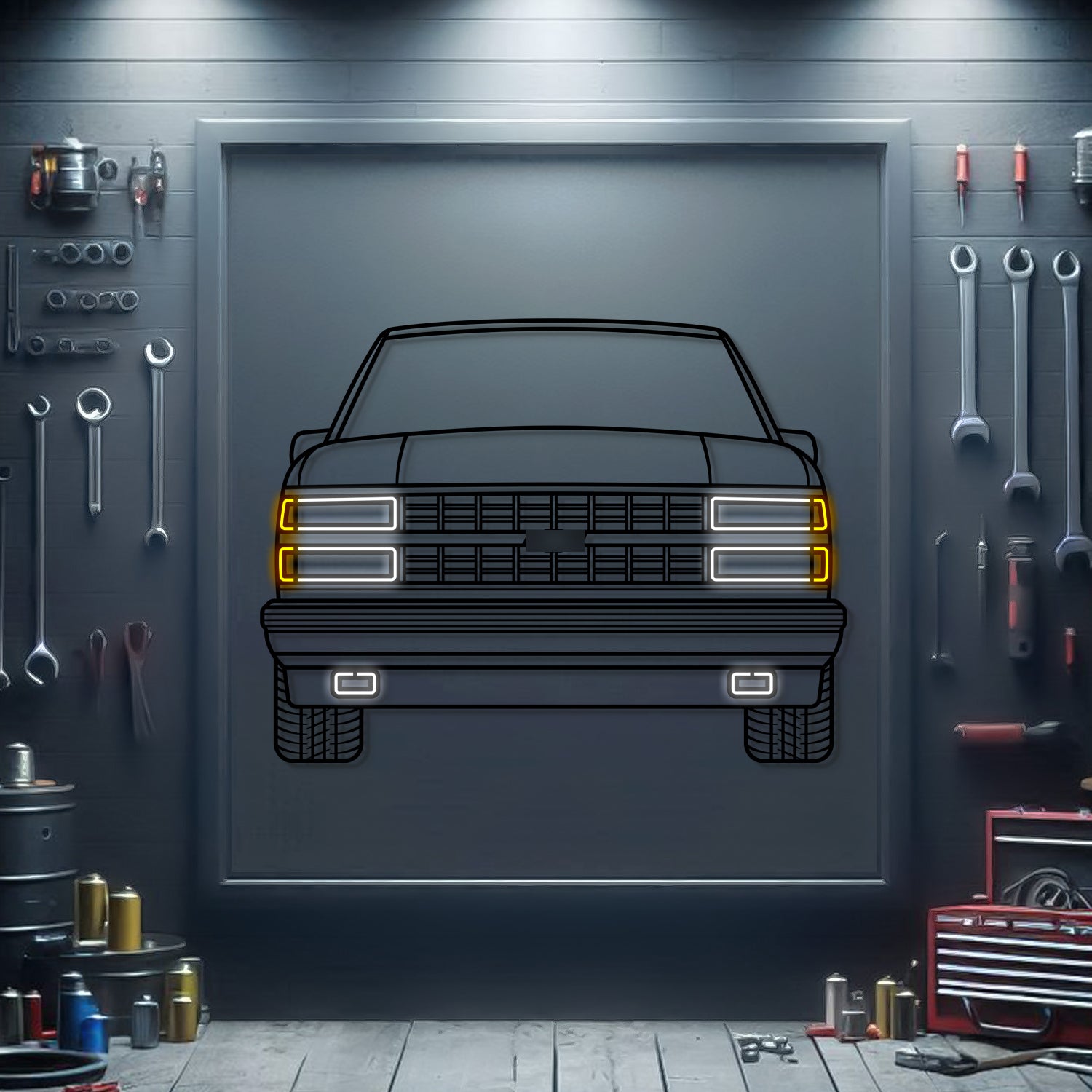 1989 454 SS front view neon-lit metal wall art