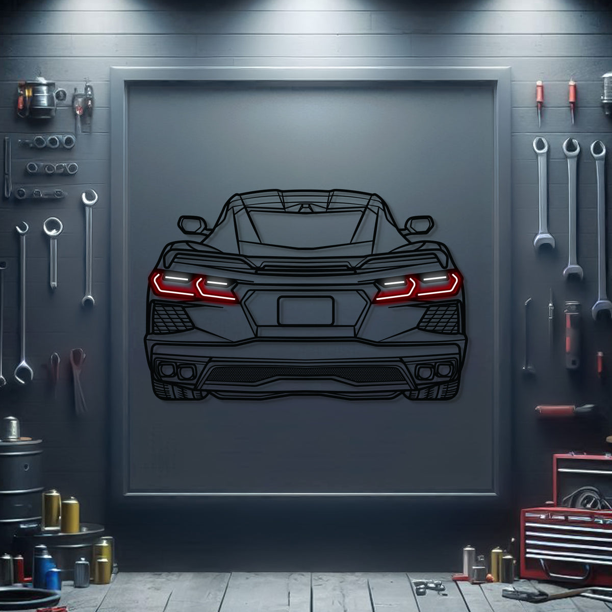 Corvette C8 rear neon metal wall decor – elevation screws create 1 cm floating 3D effect