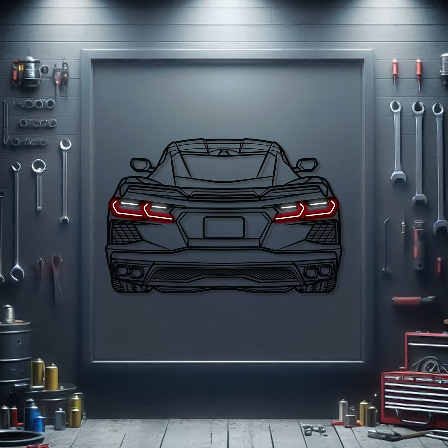 Corvette C8 rear neon metal wall decor – elevation screws create 1 cm floating 3D effect