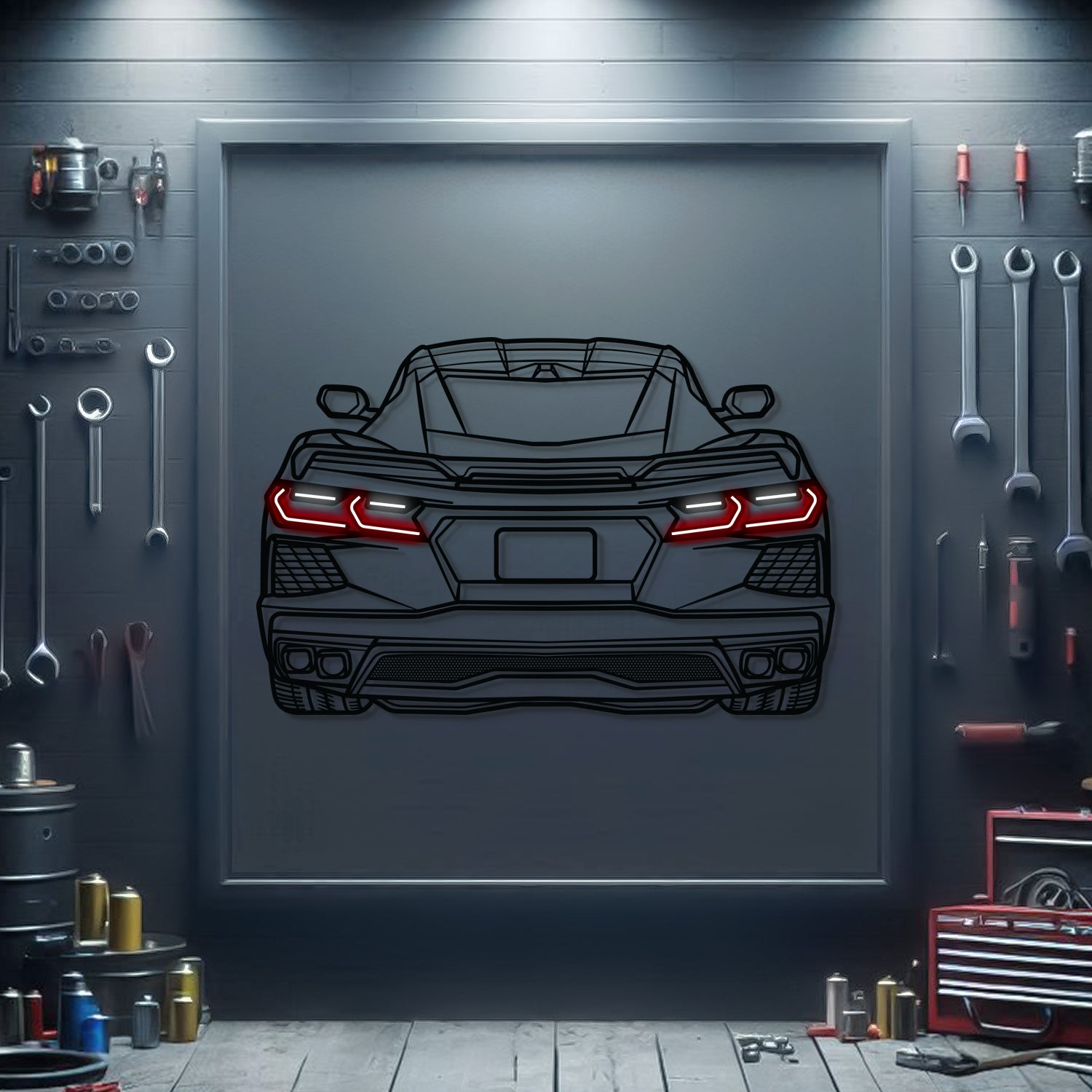 Corvette C8 rear neon metal wall decor – elevation screws create 1 cm floating 3D effect