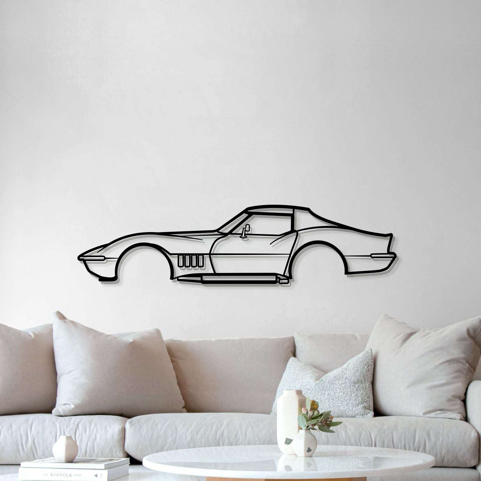 Man cave enhanced with 1969 Chevrolet Corvette minimalist metal décor in matte finish