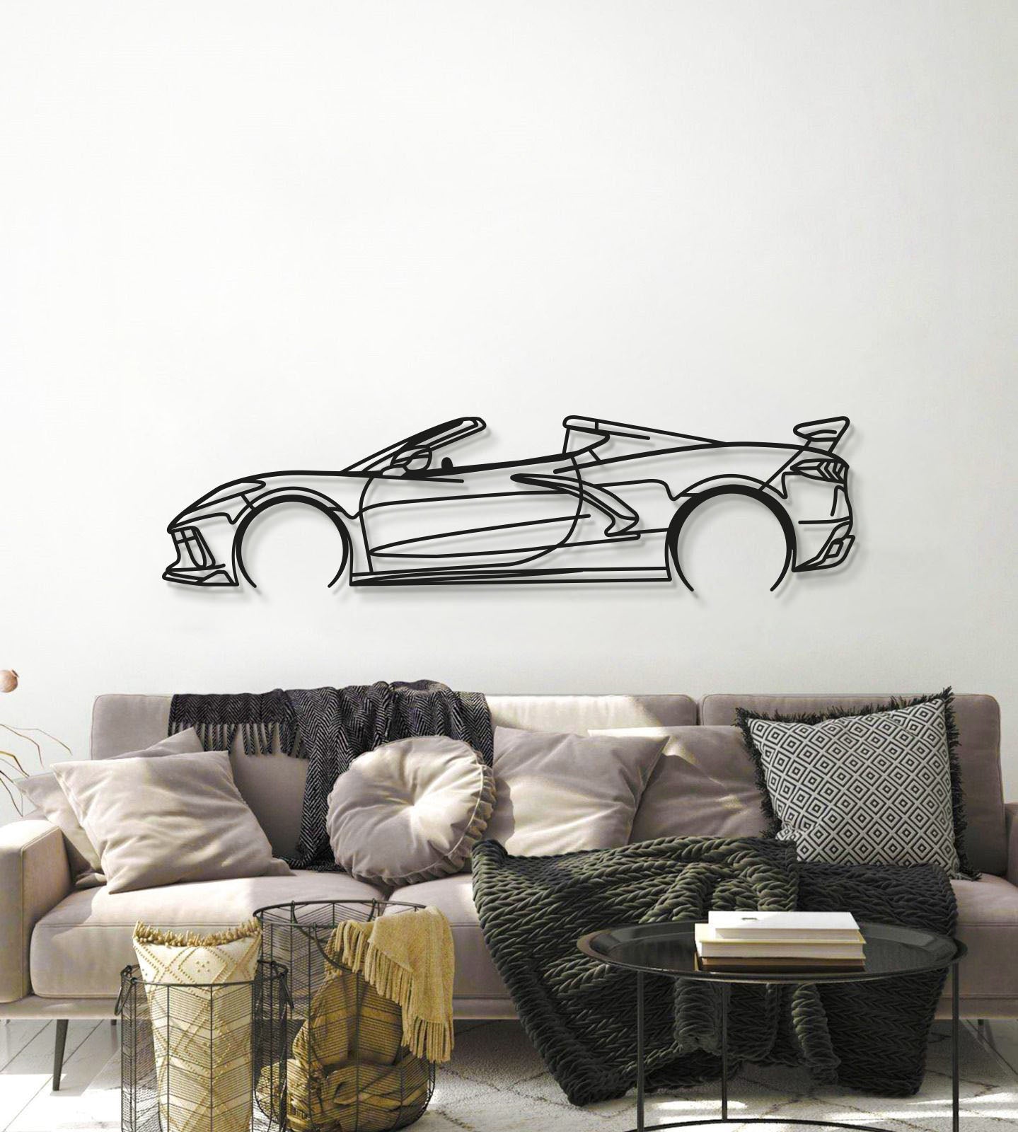 Metal wall art silhouette of Chevrolet Corvette C8 for office or studio