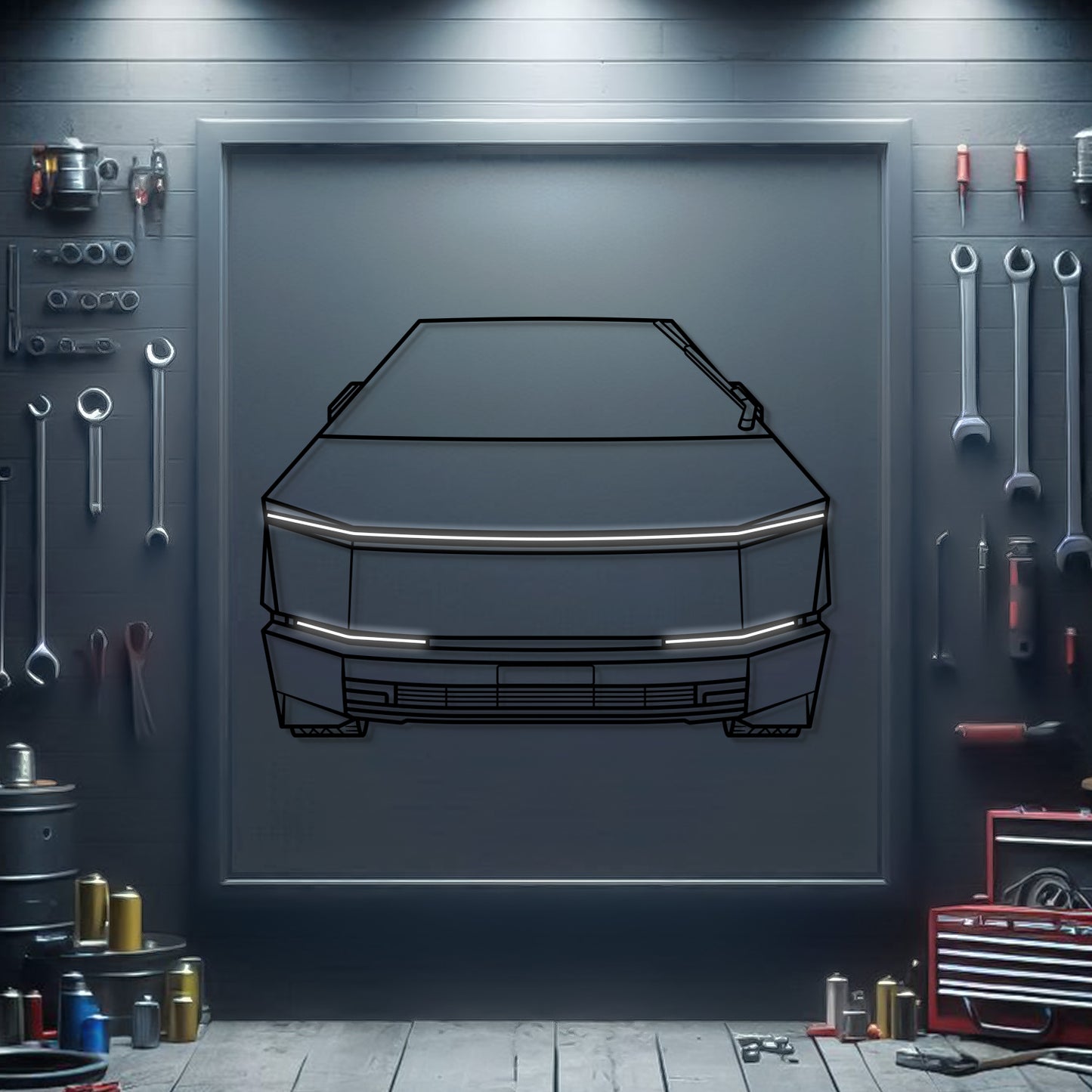 Tesla Cybertruck front view metal neon wall art – laser‑cut steel silhouette with neon-lit accents and matte powder-coat finish