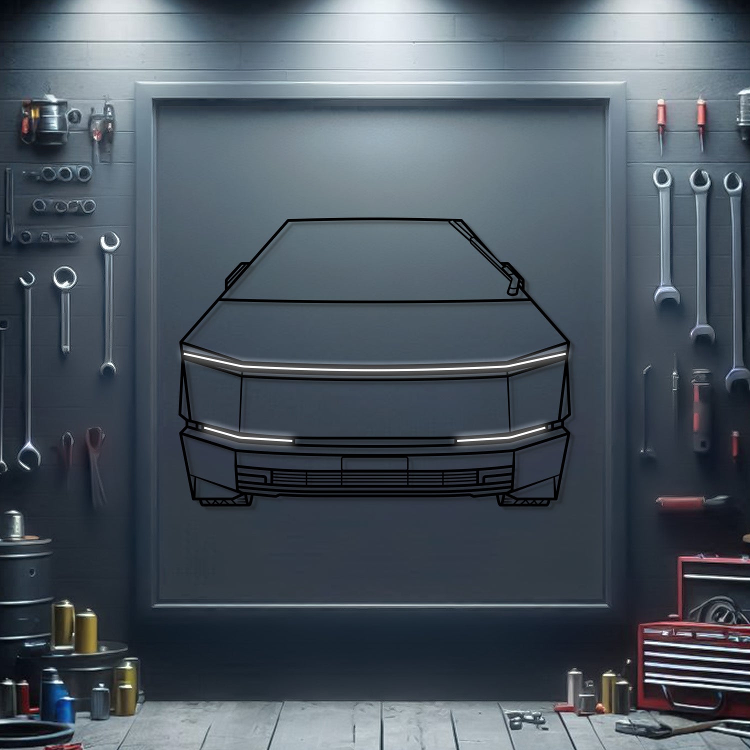 Tesla Cybertruck front view metal neon wall art – laser‑cut steel silhouette with neon-lit accents and matte powder-coat finish