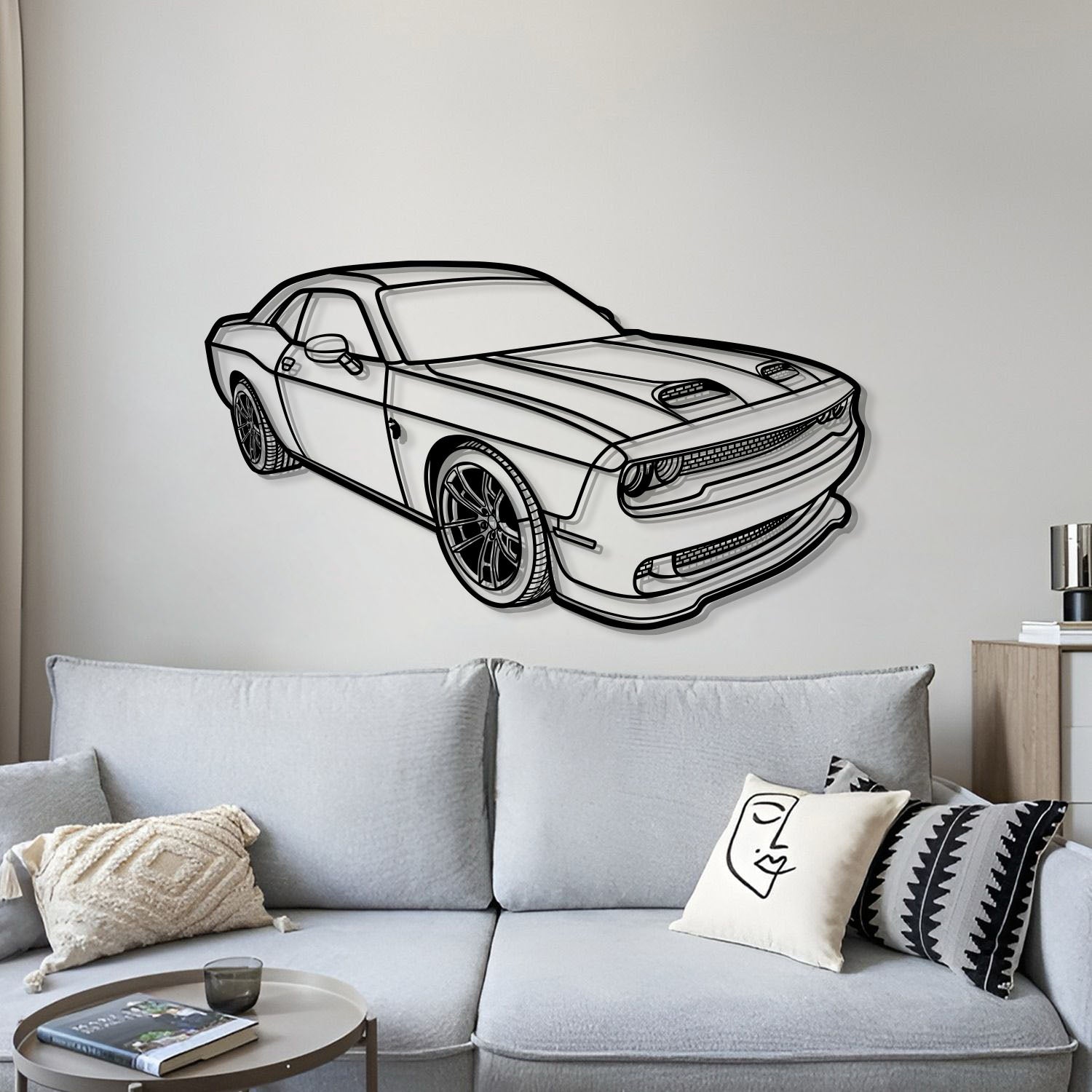 Dodge Challenger Hellcat (2023) perspective metal wall art – handcrafted dyed steel silhouette creating floating depth 