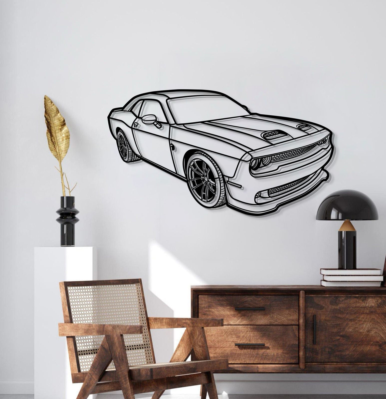 Dodge Challenger Hellcat 2023 metal car silhouette – elevation screws lift the art 1 cm off wall for dynamic 3D effect 