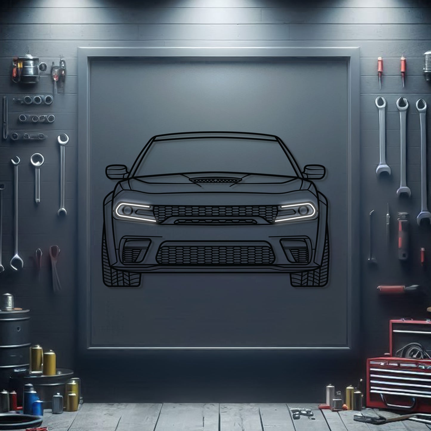Dodge Charger front neon metal wall decor – elevation screws lift design 1 cm off wall for 3D effect