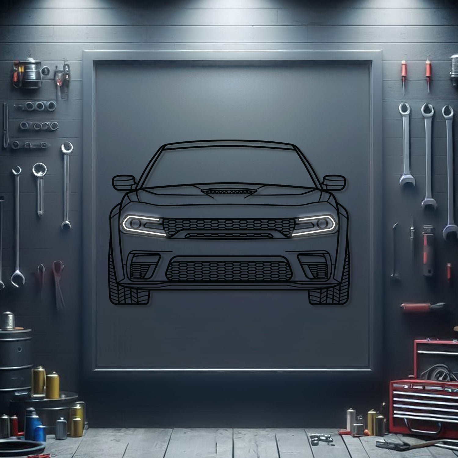 Dodge Charger front neon metal wall decor – elevation screws lift design 1 cm off wall for 3D effect