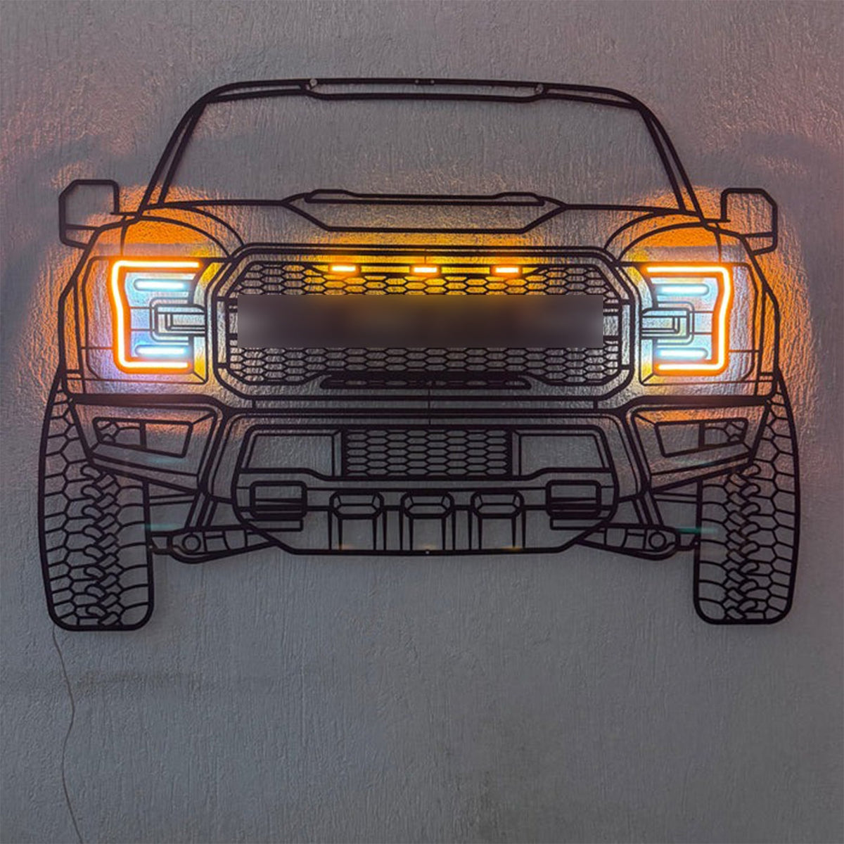 F‑150 front neon car sculpture – sleek industrial décor highlighting bold front fascia and Tough styling